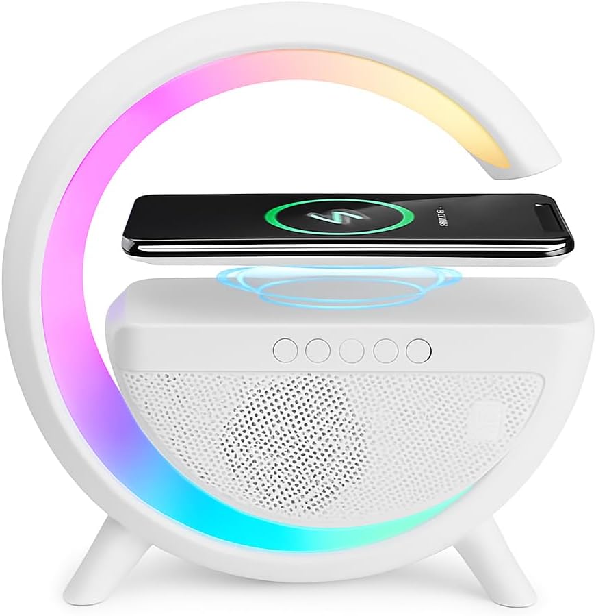 3-in-1 RGB LED Wireless Charging Speaker – Music Sync Ambient Light + Fast Qi Charger + Bluetooth Stereo Sound | Modern Bedside Lamp