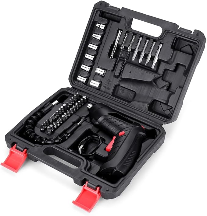 Rechargeable Cordless Screwdriver Kit (47 Pcs) – Multi-Function Electric Drill Set with Flexible Shaft, Screw Bits, Sockets & Carrying Case for DIY Home Repairs