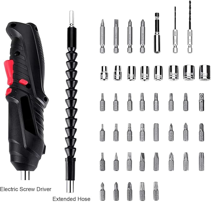 Rechargeable Cordless Screwdriver Kit (47 Pcs) – Multi-Function Electric Drill Set with Flexible Shaft, Screw Bits, Sockets & Carrying Case for DIY Home Repairs
