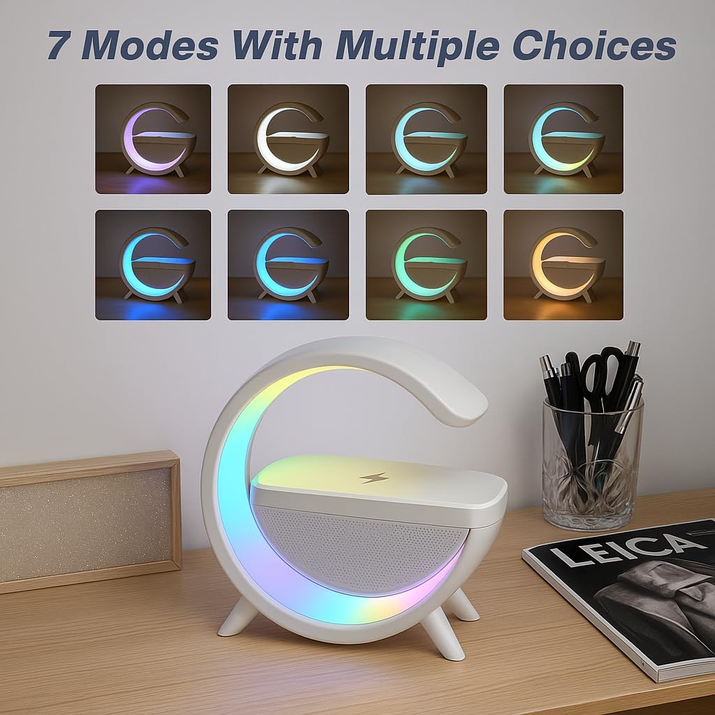 3-in-1 RGB LED Wireless Charging Speaker – Music Sync Ambient Light + Fast Qi Charger + Bluetooth Stereo Sound | Modern Bedside Lamp