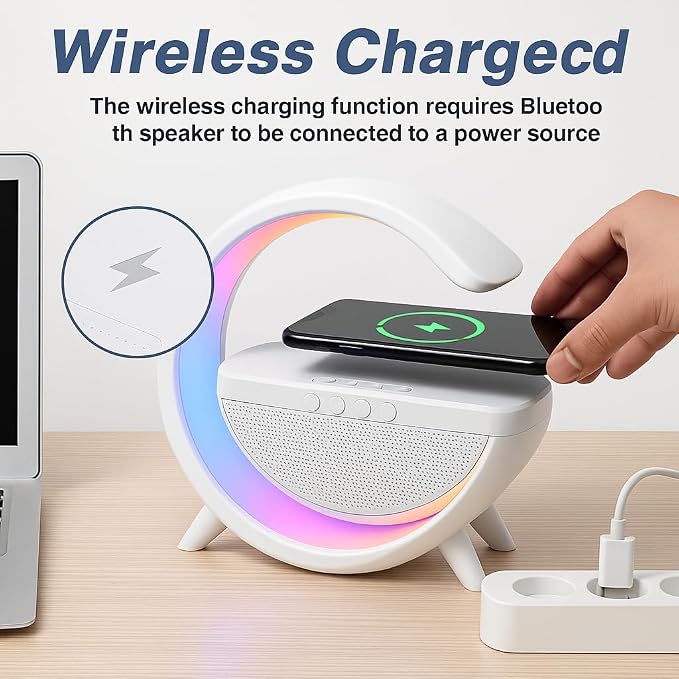 3-in-1 RGB LED Wireless Charging Speaker – Music Sync Ambient Light + Fast Qi Charger + Bluetooth Stereo Sound | Modern Bedside Lamp