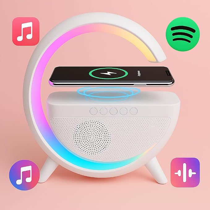 3-in-1 RGB LED Wireless Charging Speaker – Music Sync Ambient Light + Fast Qi Charger + Bluetooth Stereo Sound | Modern Bedside Lamp