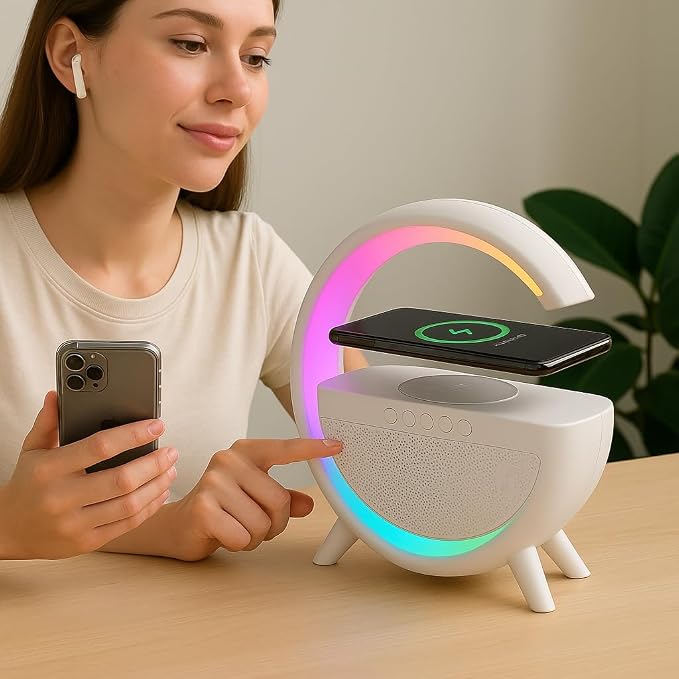 3-in-1 RGB LED Wireless Charging Speaker – Music Sync Ambient Light + Fast Qi Charger + Bluetooth Stereo Sound | Modern Bedside Lamp