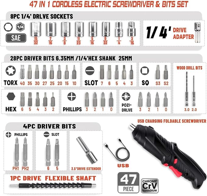 Rechargeable Cordless Screwdriver Kit (47 Pcs) – Multi-Function Electric Drill Set with Flexible Shaft, Screw Bits, Sockets & Carrying Case for DIY Home Repairs