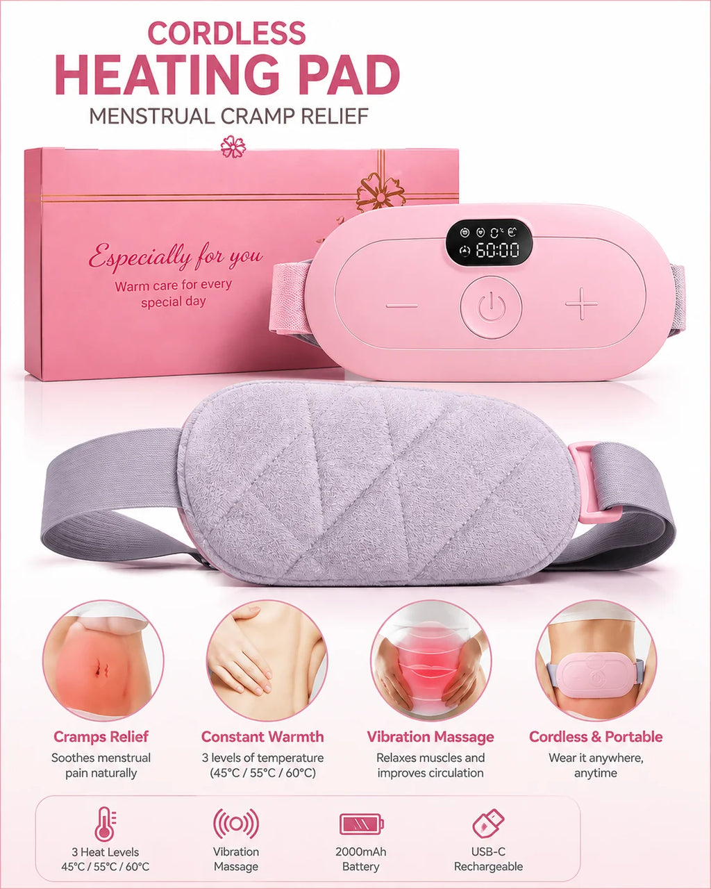 Cordless heating pad for menstrual relief